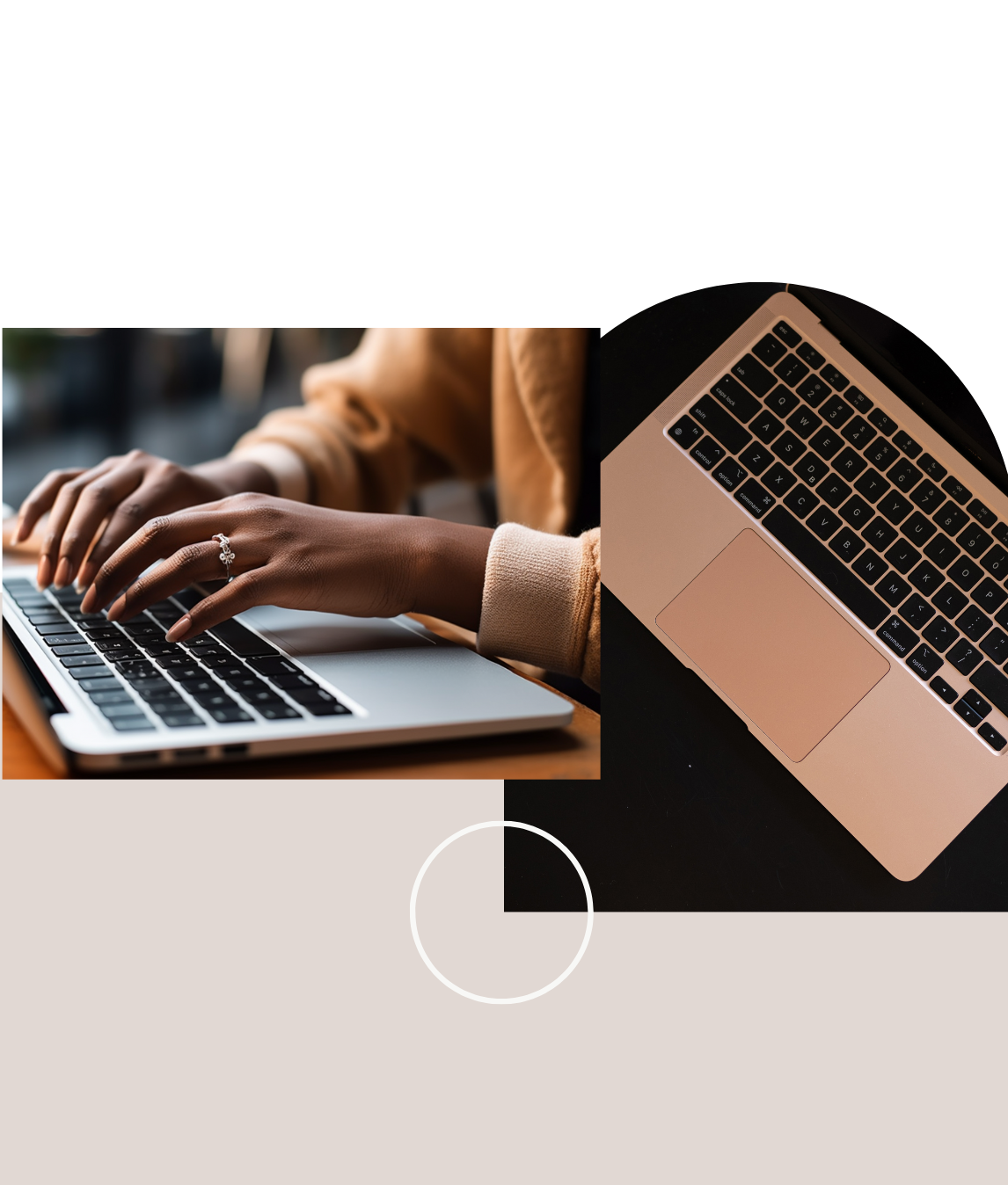 A woman focused on typing on a laptop, with her hands on the keyboard and a thoughtful expression.