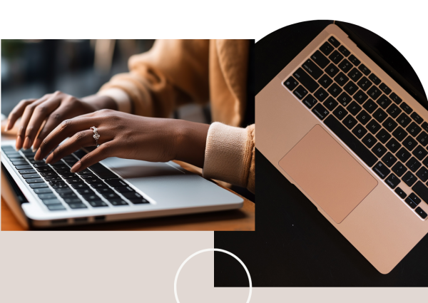 A woman focused on typing on a laptop, with her hands on the keyboard and a thoughtful expression.